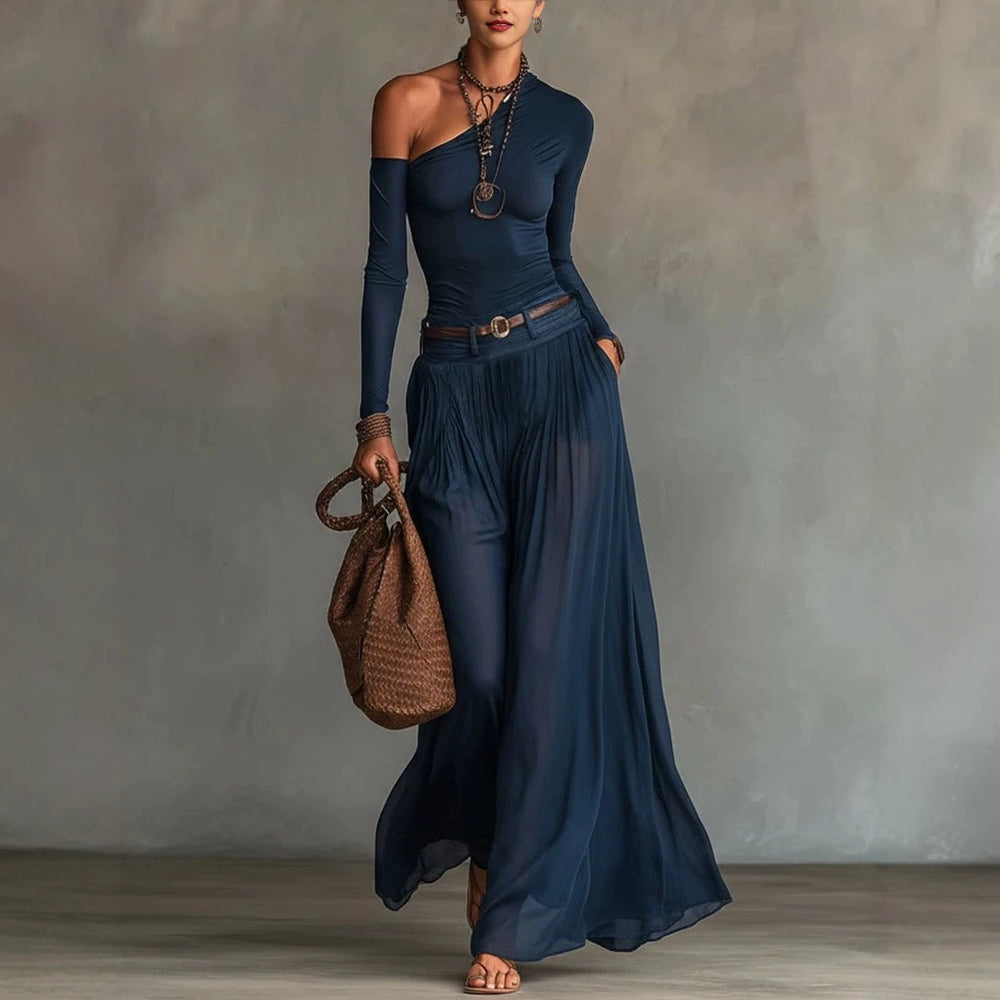Navy Asymmetrical Belted Long Dress – Aria