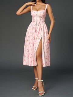 Pink Floral Backless High-Neck Midi Dress – Isla