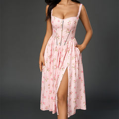 Pink Floral Backless High-Neck Midi Dress – Isla