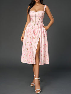 Pink Floral Backless High-Neck Midi Dress – Isla