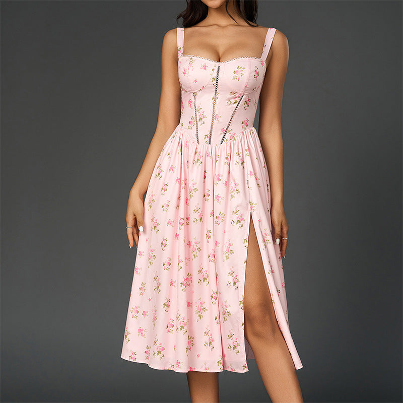Pink Floral Backless High-Neck Midi Dress – Isla