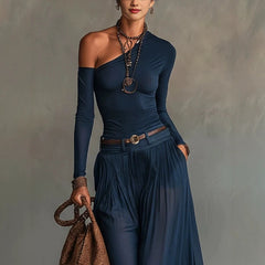 Navy Asymmetrical Belted Long Dress – Aria