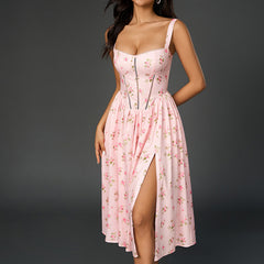 Pink Floral Backless High-Neck Midi Dress – Isla