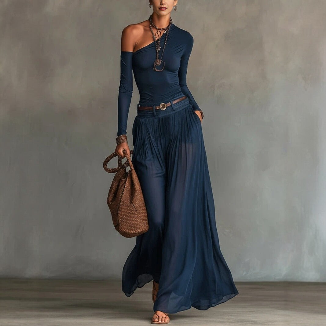 Navy Asymmetrical Belted Long Dress – Casa Luvia
