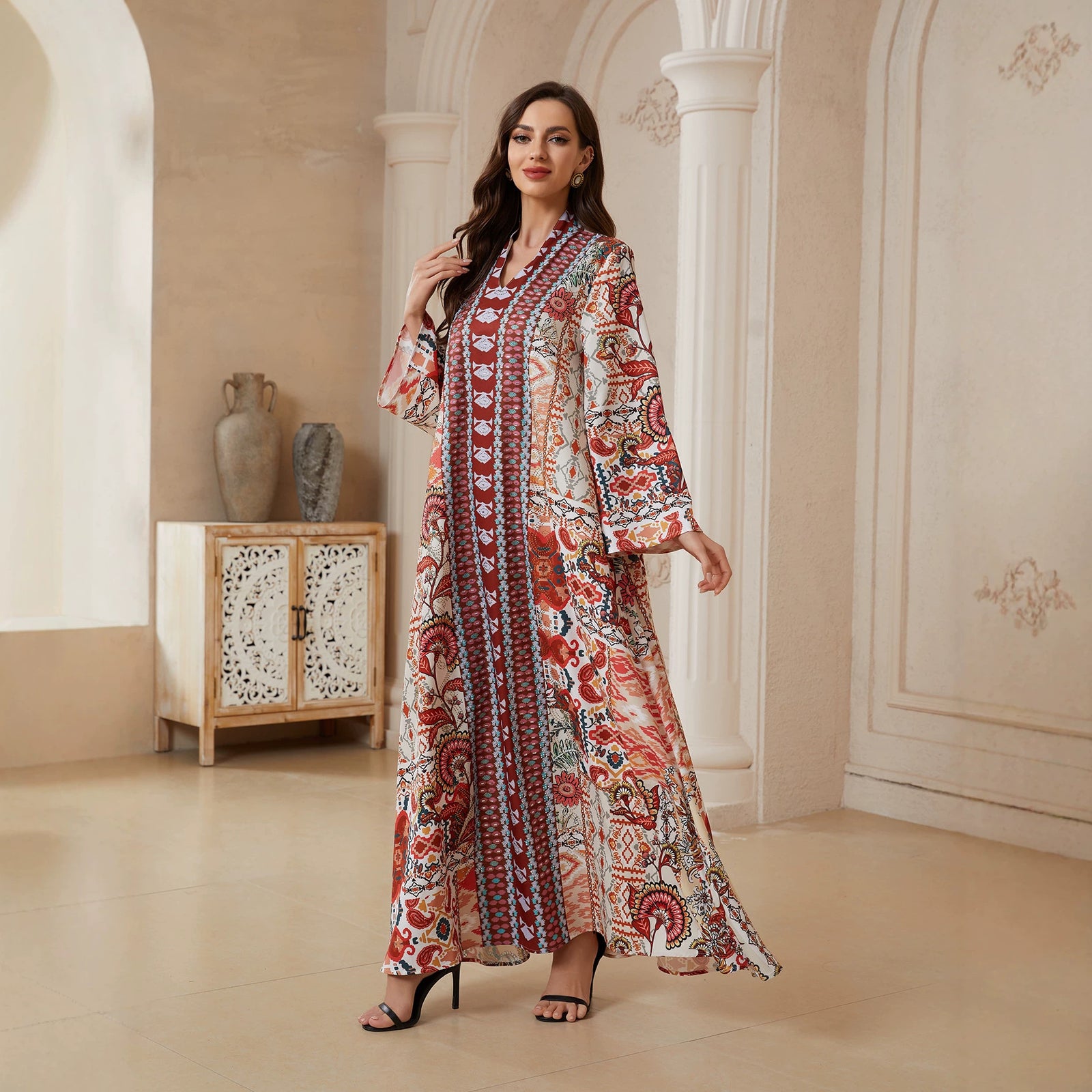 Printed V-Neck Long Dress – Casa Luvia